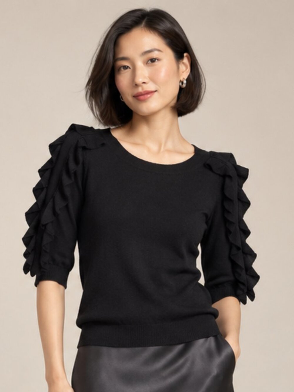 Zara Knit Black Cascading Ruffle Sleeve Sweater Top Small